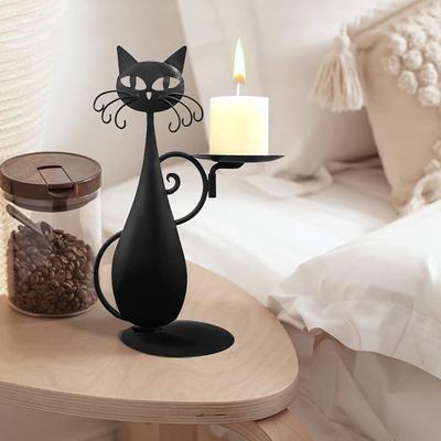 Candle Holder Cartoon Art Cute Style Handmade Decorative Iron Black Cat Shape Candlelight Stand Desktop Ornament Home