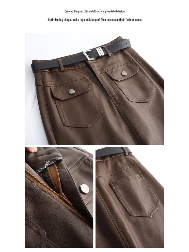 Modischer Damen-Lederrock aus Lammleder mit Schlitz - Hohe Taille, Mittellang, Faltenmildernd, Trendiger Pendlerstil.