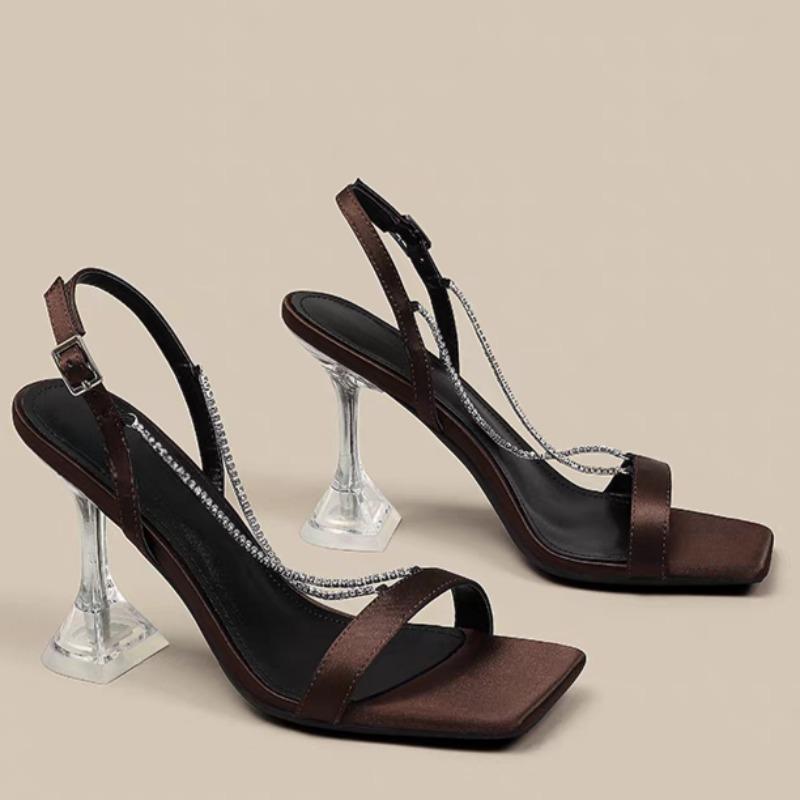 Fashion Sandals Summer New Square Head Open Toe Suede Crystal Metal Chain Metal One-button Non-slip Wear-resistant High Heels