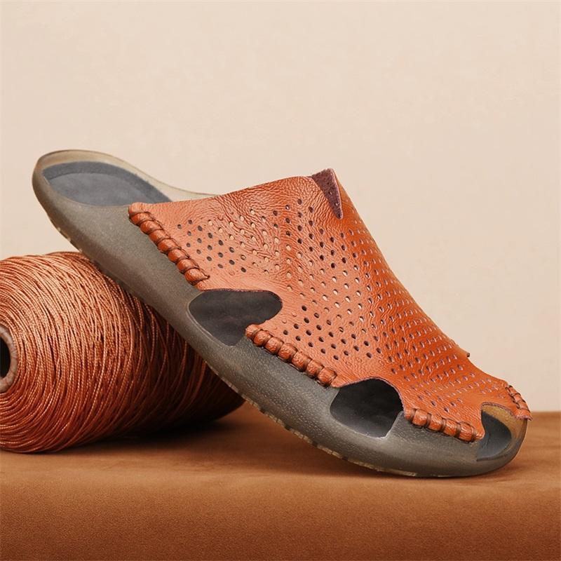 Fashion Quick Dry Men's Leather Slides Comfortable Male Slippers Anti-Slip Outdoor Half Drag Handmade Hollow Out Sandals Man Flip Flops