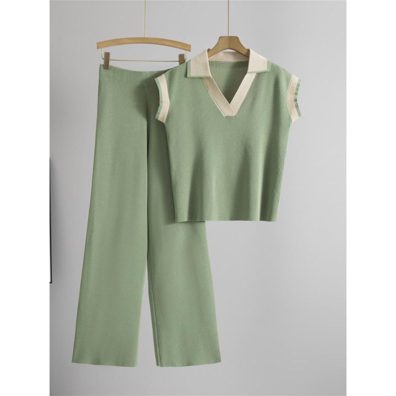 Women's Summer 2026 Polo Collar Knit Top and Pants Set - Loose, Slimming Casual Fashion Two-Piece.