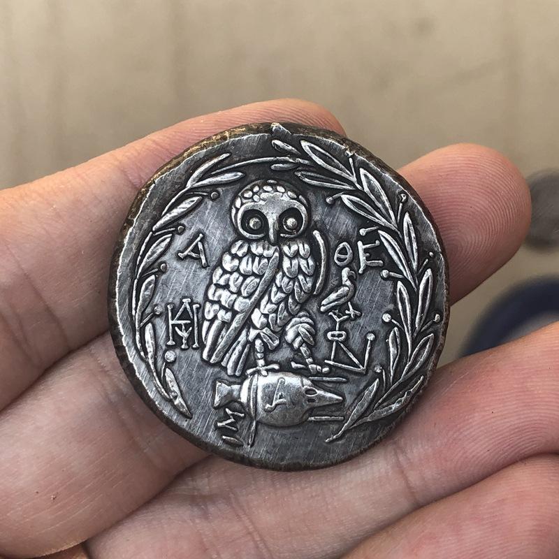 Antique Style Silver Plated Brass Coin Replica Featuring Owl and Ancient Symbols with Detailed Engraving and Vintage Finish Collectible
