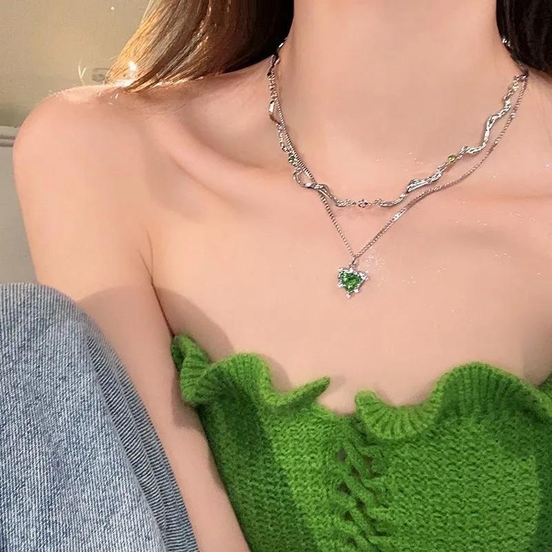 New Green Crystal Love Double Layer Necklace For Women Fashionable Personalized Daily Accessory Party Jewelry Birthday Gifts