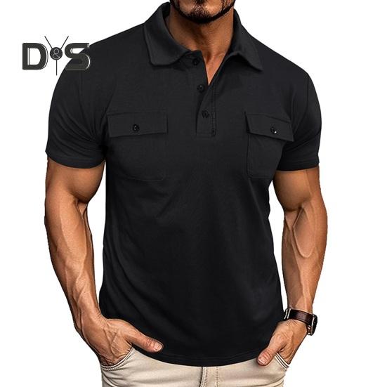 Men's Lapel T-shirt with Chest Pockets Short Sleeve Button-up Collar Tee Solid Color Casual Pullover Tee Shirt for Gym Streetwear