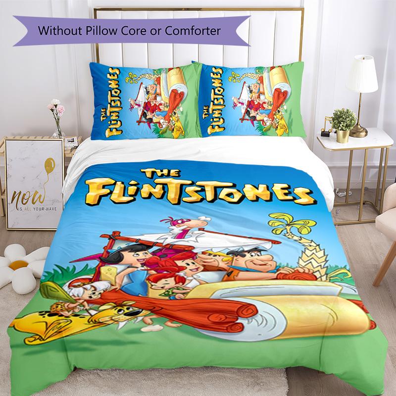 Flintstones 3pcs Bedding Set Duvet Cover Closure Includes 1 Duvet Cover & 2 Pillowcases for All Seasons Bedroom Home Dorm Decor