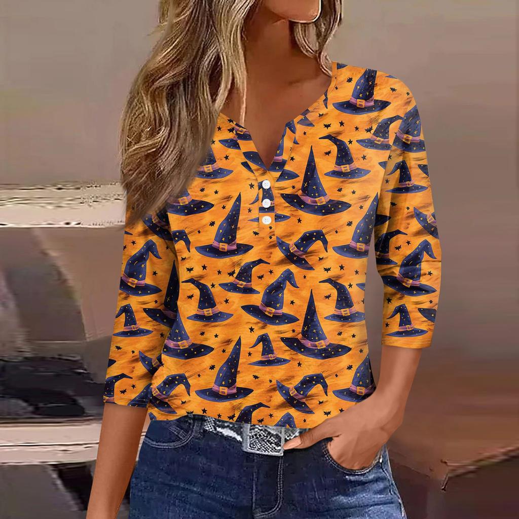 Women's Fashion Casual Halloween Printed V-Neck Short Sleeve Decorative Button Three-quarter Sleeve T-Shirt Top