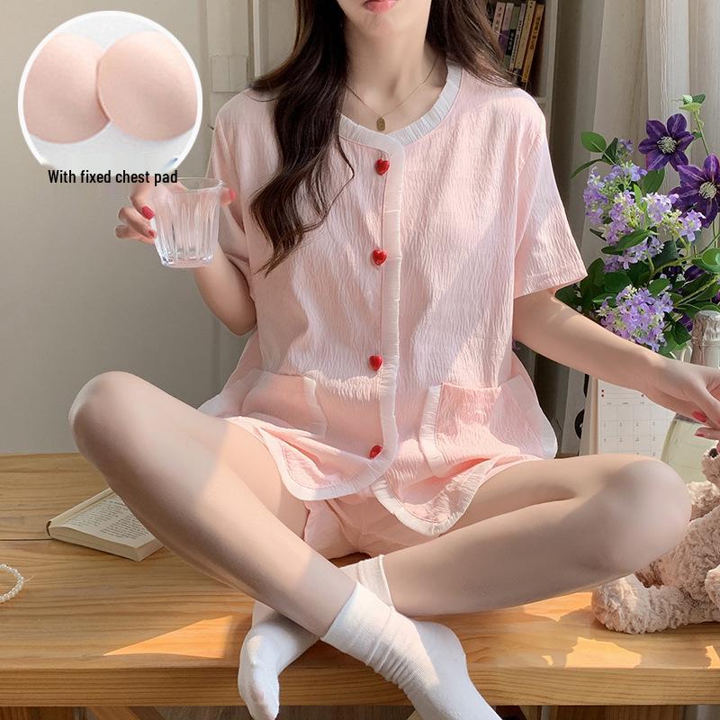 2026 Women's Summer Pajamas: Cloud Cotton Built-in Bra, Short Sleeve Cardigan, Teen Girls' Loungewear Set
