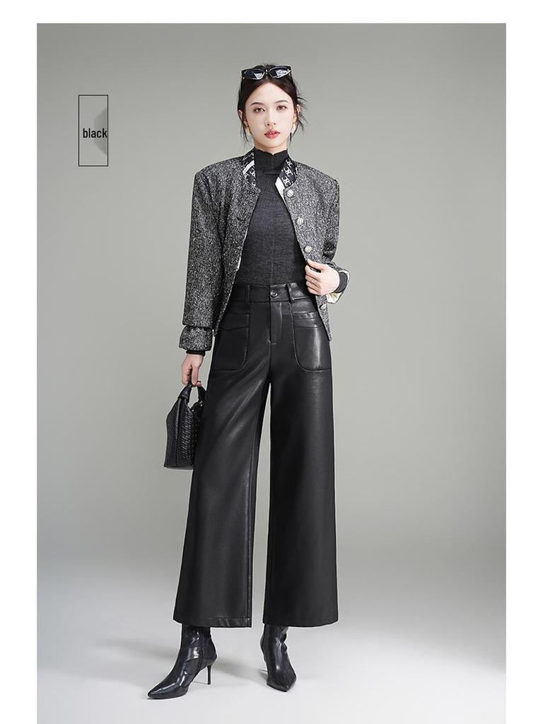 2025 Autumn/Winter Women's Black Sheepskin Leather Wide-Leg Pants