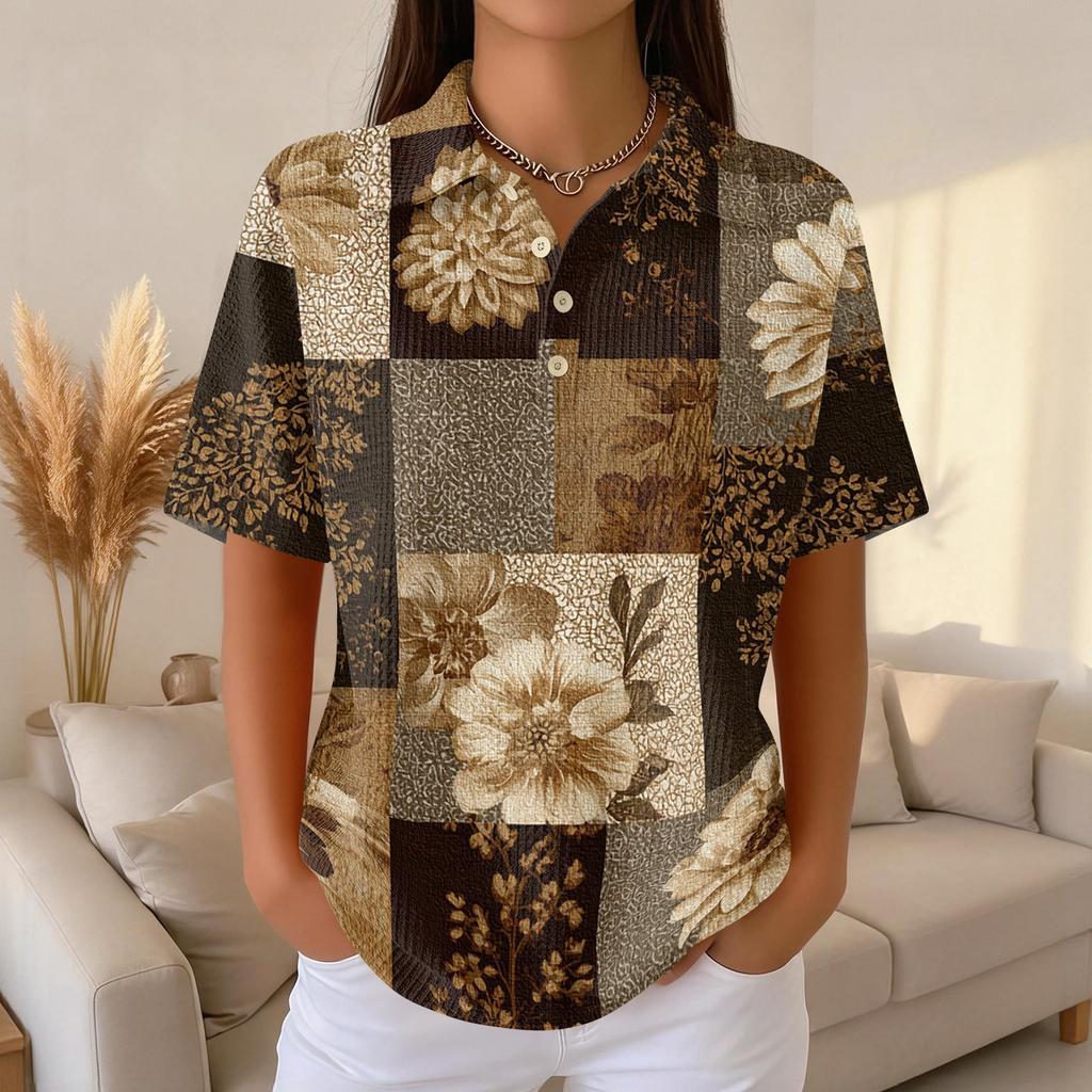 Women's Casual Short Sleeve Retro Floral Print Waffle Knit Polo Shirt Button Down Top with Classic Collar for Everyday Wear