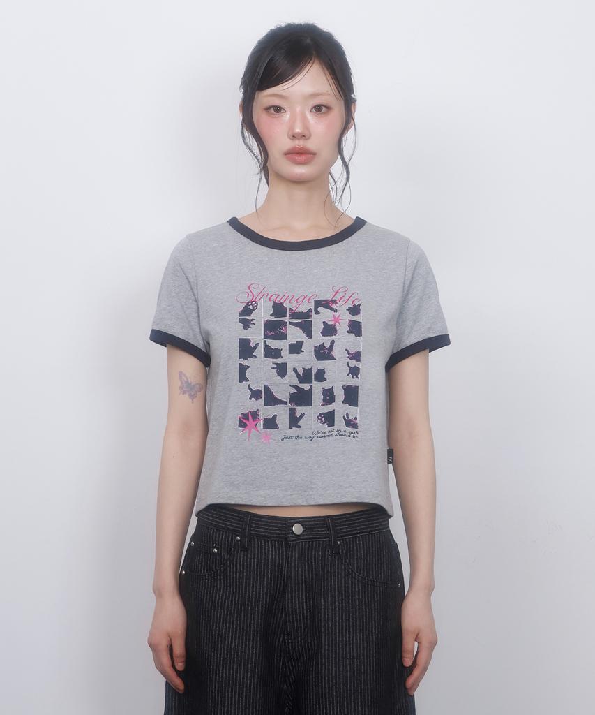 LMR Cat Foster Ringer Crop Short Sleeve T-Shirt Grey