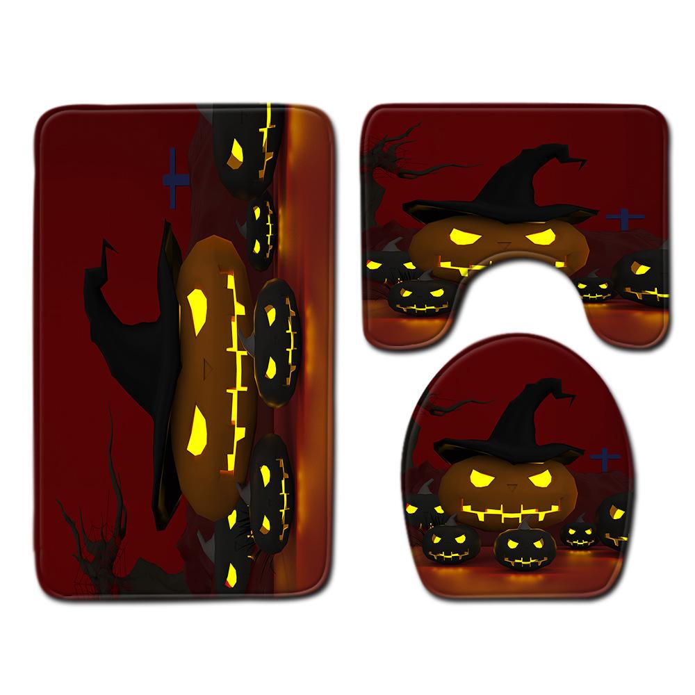 Halloween Shower Curtain Floor Mat Combination Four-Piece Set Bathroom Toilet Carpet Shower Room Foot Mat