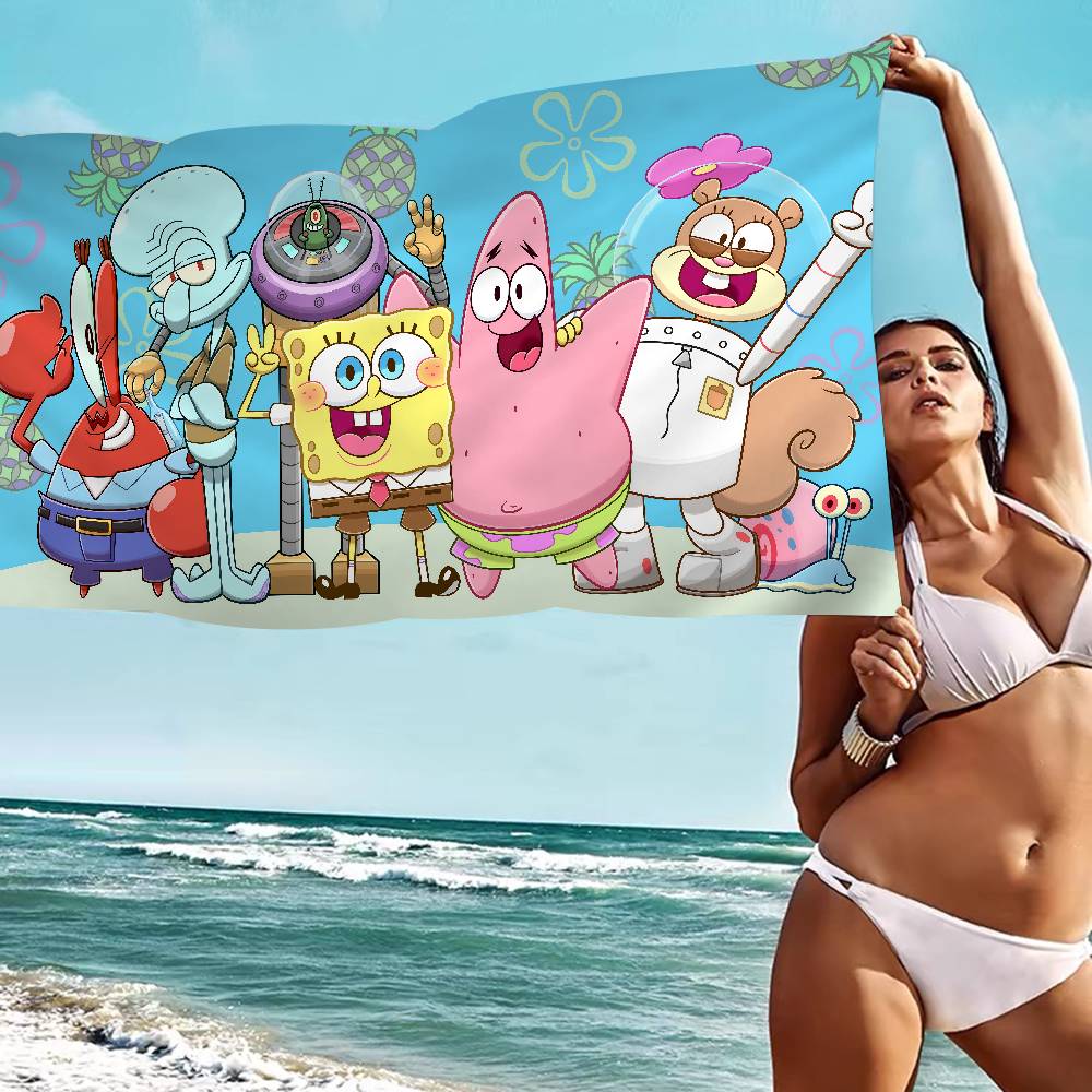 

Cartoon Sponge And Bobs S-SquarePants Anime Beach Swimming Towel Soft Absorbent Washcloth Gifts For Kids Travel Camping Gym W30*H60(CM)