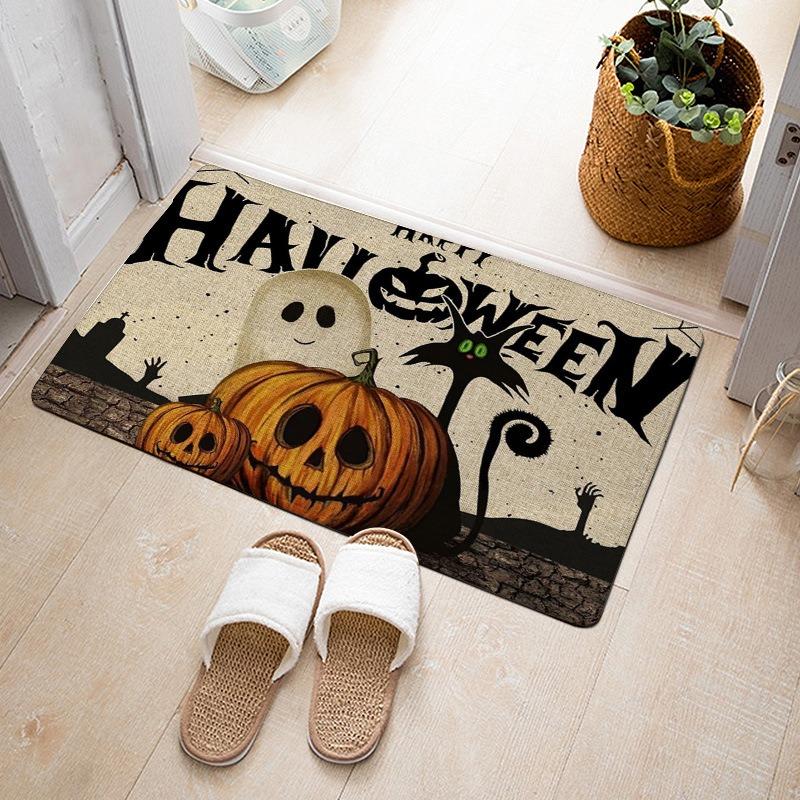 Halloween Theme Door Mat With Pumpkin Black Cat Ghost Bat Witch Hat Castle Patterns Fun Cartoon Decorative Entryway Rug