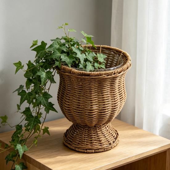 Faux Rattan Vase Handwoven Boho Wicker Basket Modern Farmhouse Decorative Flower Pot for Dining Table Centerpiece Bedroom Indoor Office Decor