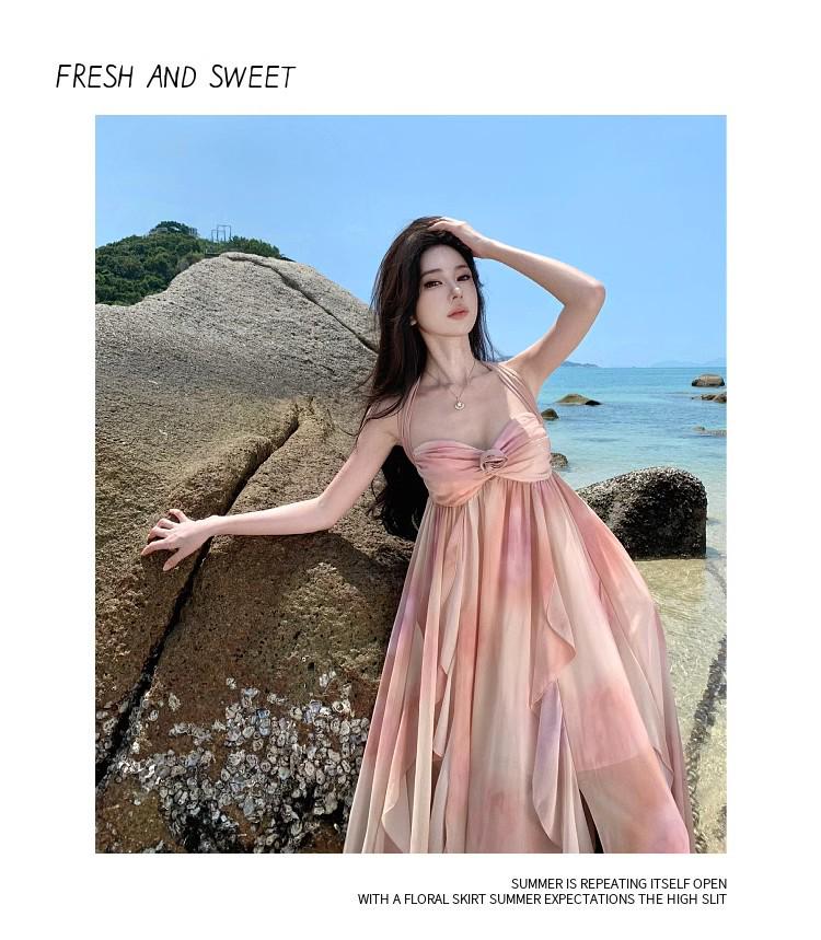 Elegantní šaty bez zad s volánky ve francouzském stylu na halterový krk pro ženy - Ideální na letní dovolenou u moře