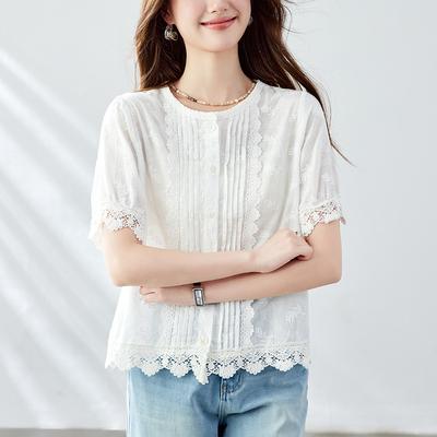 Lace Lace White Shirt for Women Short-sleeved Summer New Round Neck Embroidered Top Pure Cotton Women's Shirt