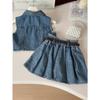 A Cute Two-Piece Set for Girls Featuring A Denim Vest and A Pleated Skirt  for Outdoor