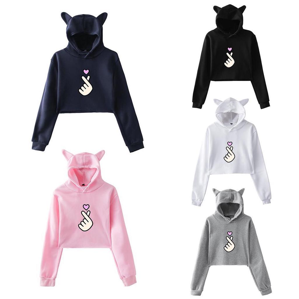 Womens Long Sleeve Crop Top Hoodies Great Mustache Cat Ear Lumbar Hoodie Pullover Sweater