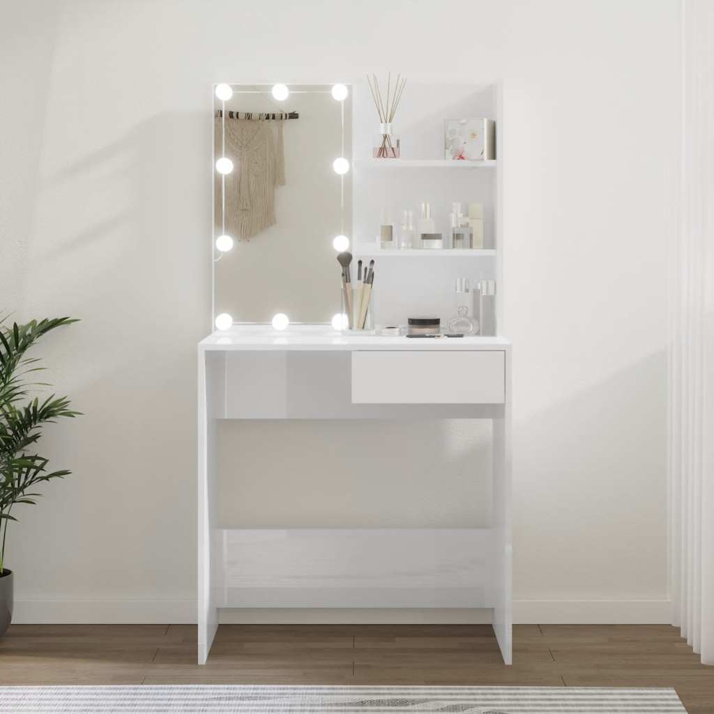 Makeup Table with LED Lights High Gloss White 74.5 x 40 x 141 cm