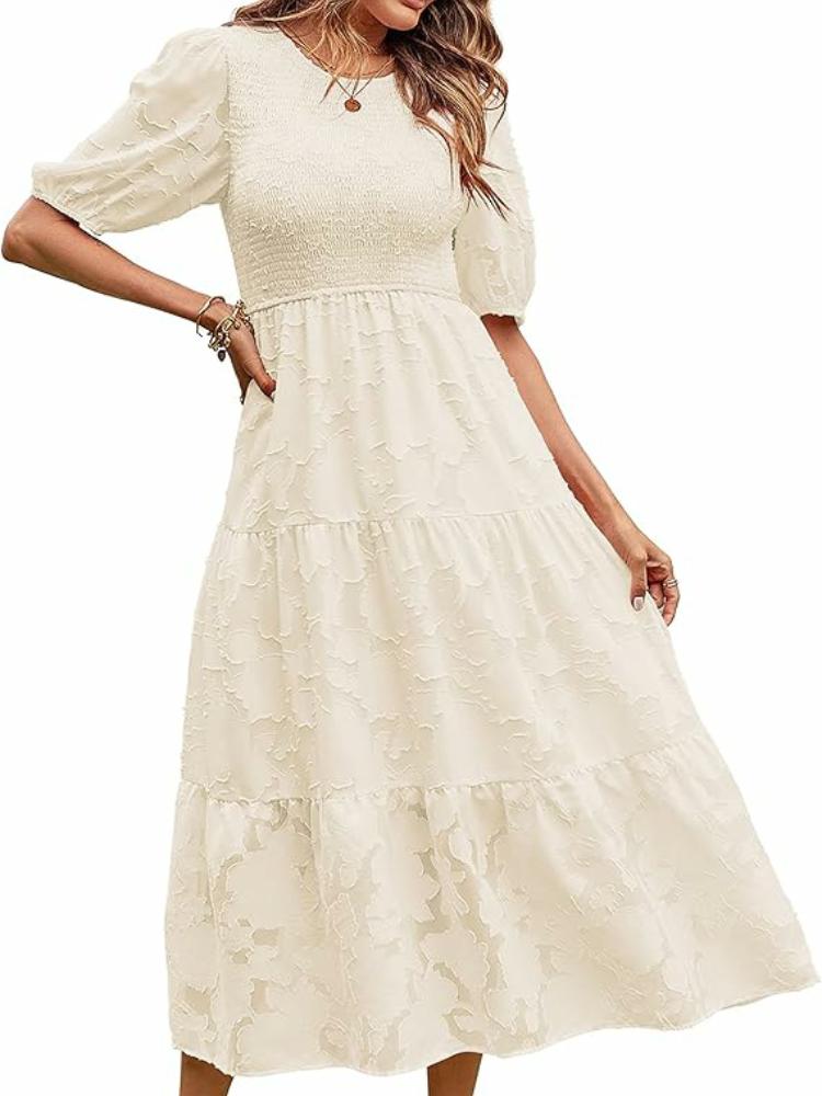 

Elegant Floral Print Midi Dress with Puff Sleeves, High Waist, and Tiered Skirt - Black/Beige/Blue/White XXL абрикосовий