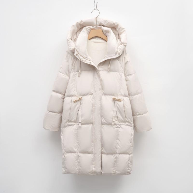 Pinghu Down Jacket Women's Medium and Long Winter New Fashion Bread Jacket Thickened Warm White Duck Down Jacket