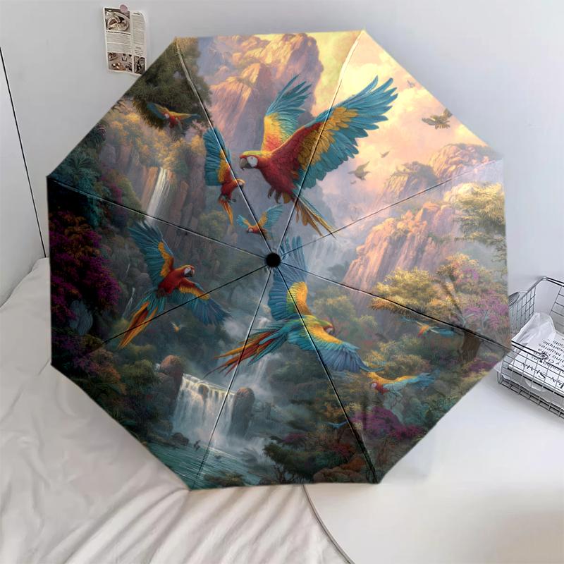 

Parrot Theme pattern, automatic folding umbrella, portable and foldable design, 8 ribs, a Christmas or birthday gift.