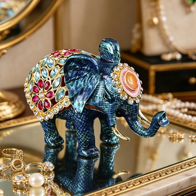 Decorative Elephant Jewelry Box with Enamel Finish and Crystal Detail for Ring, Earring and Dresser Storage Display