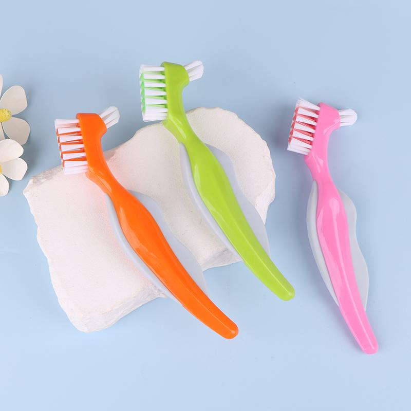 Multi-Layered Bristles Denture Cleaning False Teeth Brush Oral Care Non-Slip Ergonomic Rubber Handle Dual Heads Antibacterial