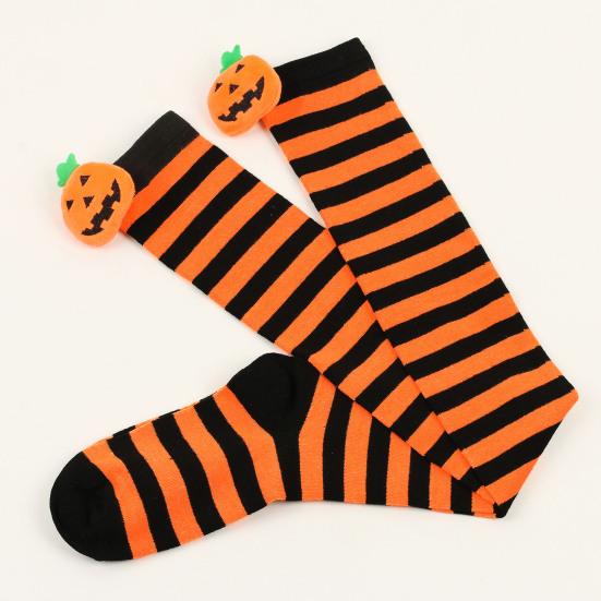 1 par de meias de Halloween acima do joelho, engraçadas, desenho animado, abóbora, listradas, contraste de cor, macias, manter aquecido, alta elasticidade, cor sólida, meias de inverno na coxa