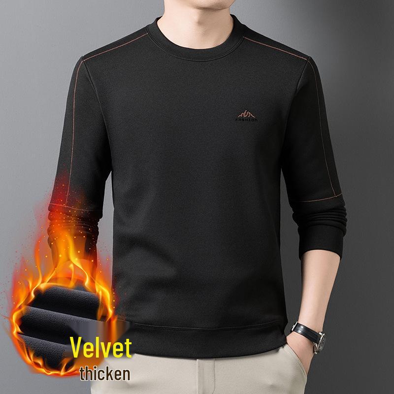 Men's Plus Velvet Thickened Versatile Winter Hoodie - Mid-Aged & Young, Warm Round Neck Long Sleeve Base Layer