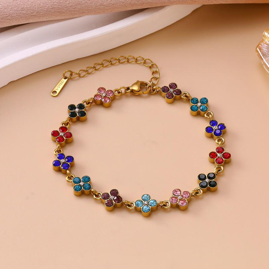 Colorful Zirconia Four-Leaf Clover Bracelet - Stainless Steel, Luxury Women's Jewelry