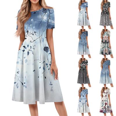 Vestido midi informal de manga corta con cuello redondo y estampado para mujer