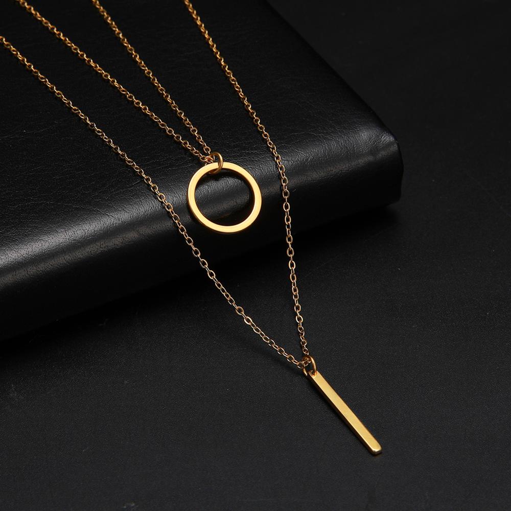 Cazador Geometric Circle Pendant Double Layer Necklace Stainless Steel Long Chain Necklaces for Women Birthday Gifts Jewelry
