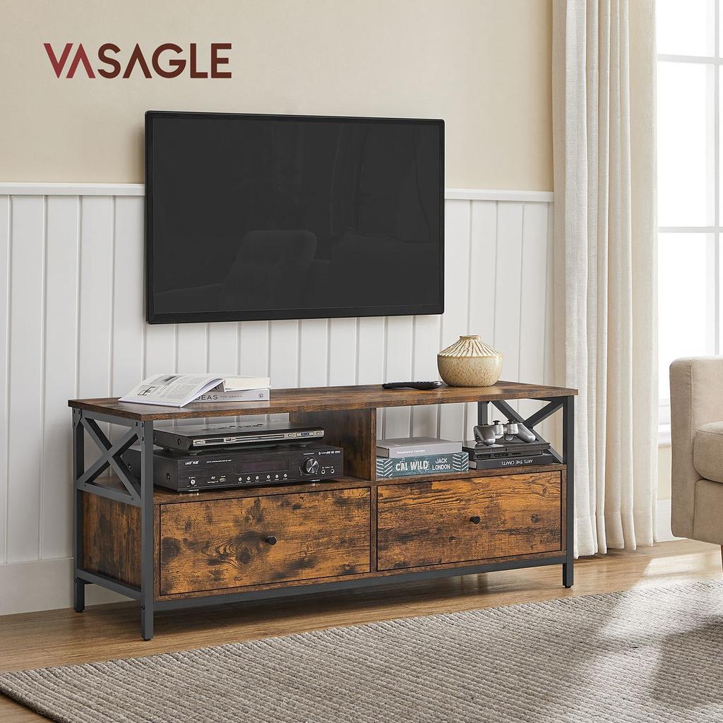 VASAGLE TV Cabinet, TV Unit for 55-Inch TV, Living Room, with 2 Drawers, 2 Storage Shelves, 120 x 40 x 50 cm, Steel Frame, Industrial Style