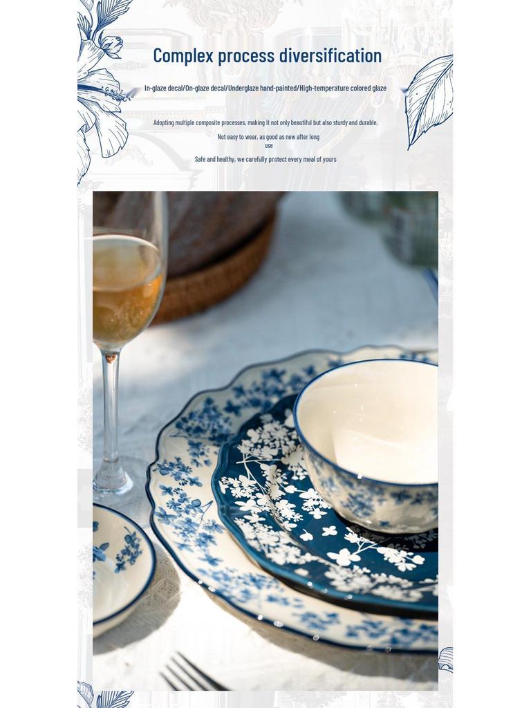 Shunxiang Jialan English Retro Ceramic Bowl & Plate Set - Underglaze Tableware for Soup & Rice.