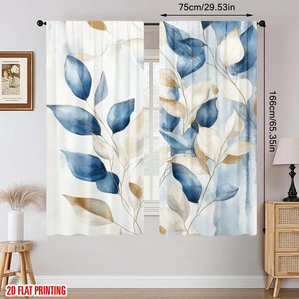 2pcs Watercolor Blue Leaf Printed Curtains, Designed for Light Filtering, Quality Material, Ideal for Daily Home Window Decorati