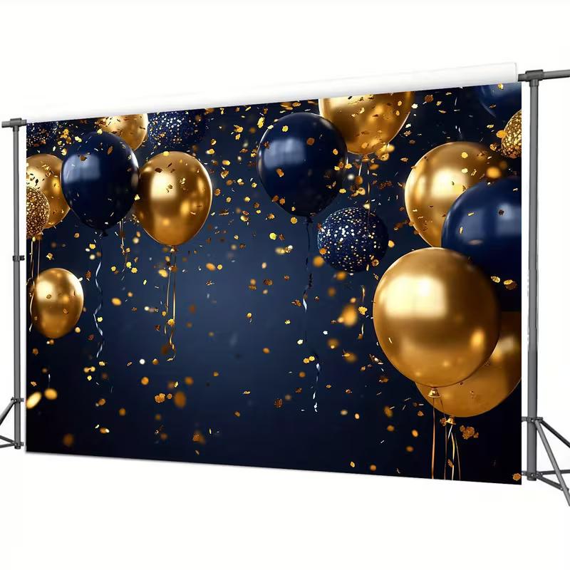 2D Navy Blue Gold Balloon Backdrop Cloth for Birthday, Graduation & Wedding