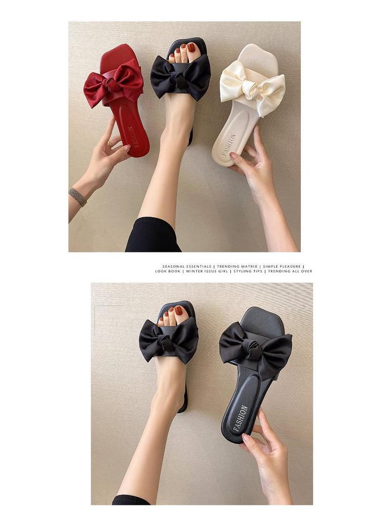 2025 Spring/Summer Women's Square Toe Open Toe Bowknot Slides