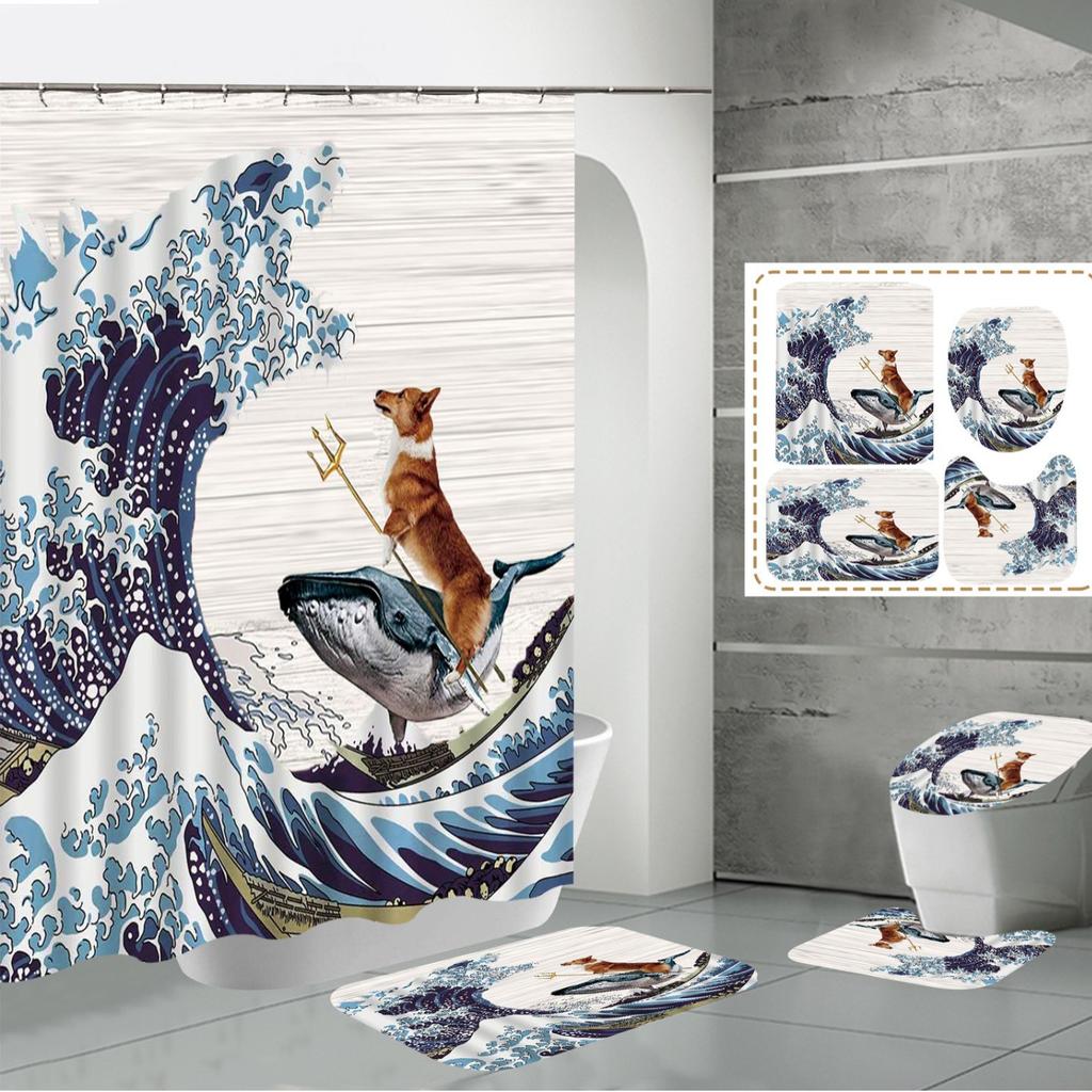 Shower Curtain Four-Piece 3D Digital Printing Shower Curtain Underwater Animal Bathroom Partition Shower Curtain