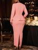 AOMEI Damen Elegantes Perlen Peplum Kleid Langarm V-Ausschnitt Maxikleider für Kirche Party Besondere Anlässe
