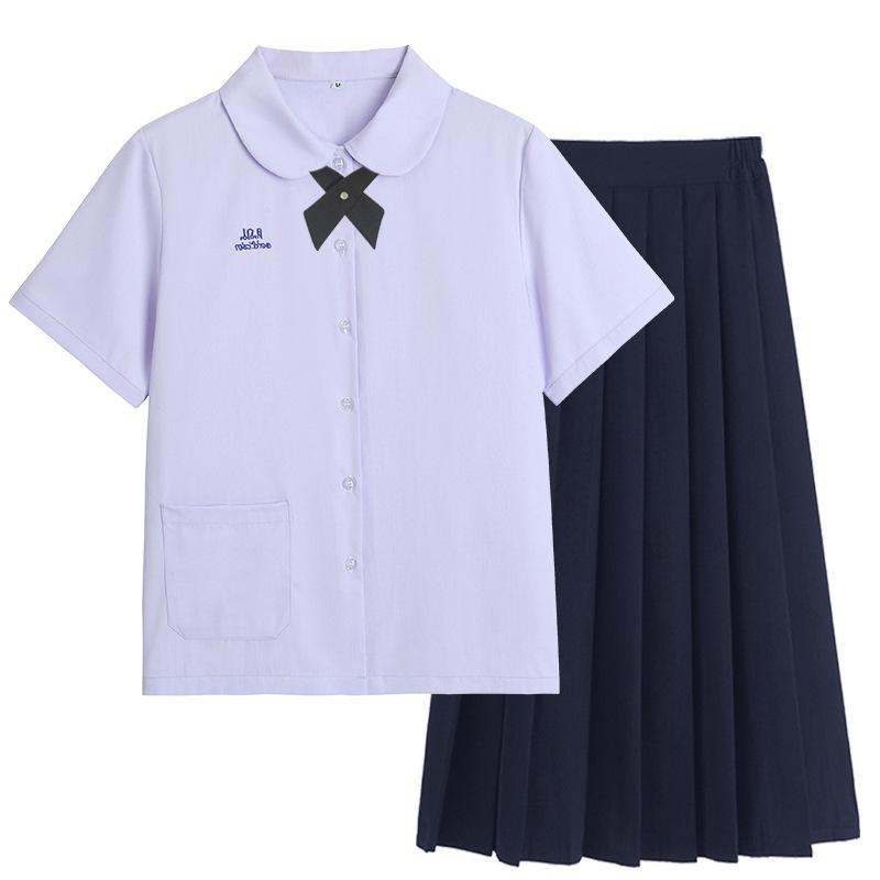 Thai Style Girls' Short/Long Sleeve School Uniform Shirt with Embroidered Badge for JK High School Students