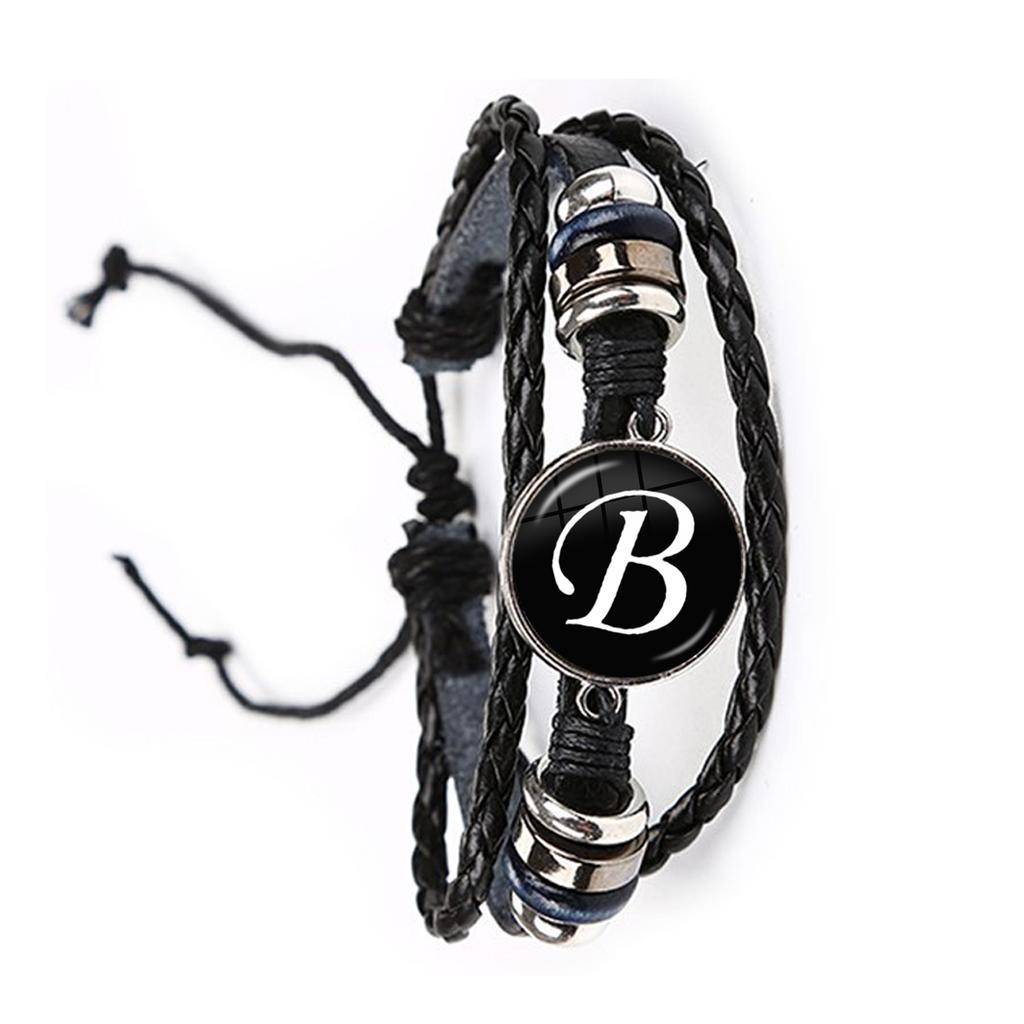 Fashion Simple Initial Alphabet Men's Braided Leather Bracelet Punk Rock 26 Letters A-Z Glass Bracelet Jewelry Gift for Men