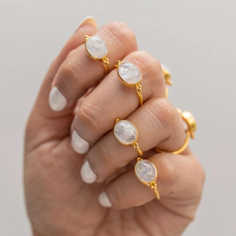 Moonstone Gemstone Solid 925 Sterling Silver Inel, Moonstone Gemstone Inel, bijuterii cu farmec de argint, inel de aur galben, inel pentru femei