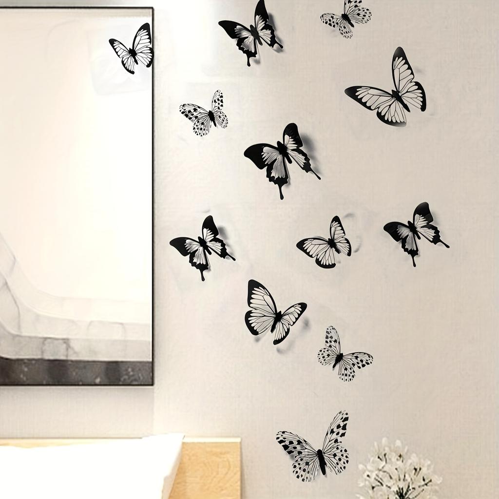 12pcs 3D Simulated Monochrome Butterfly Stickers for Bedroom, Entryway, Living Room, Porch, Home Decoration