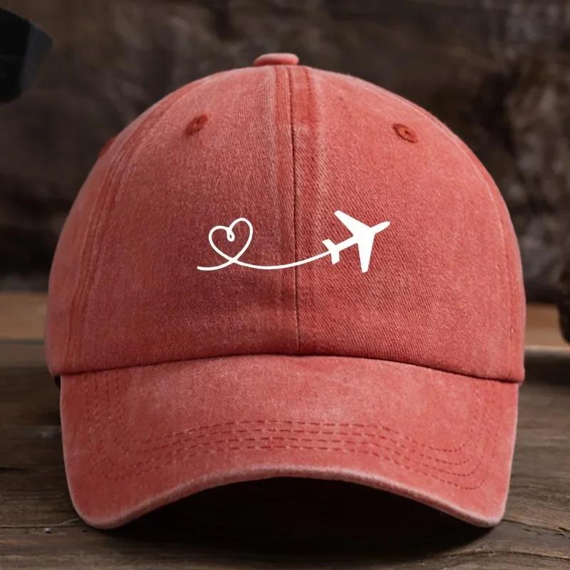 Unisex Love Heart Airplane Print Baseball Cap, Outdoor Sun Protection Fashionable All-Match Duckbill Hat, cotton