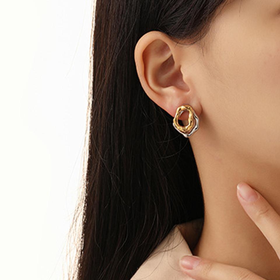 ZAKOL Irregular Gold Sliver Colors Circles Bilayer Piercing Post Earring for Women Bicolor Hammered Texture Ear Accessories Gift