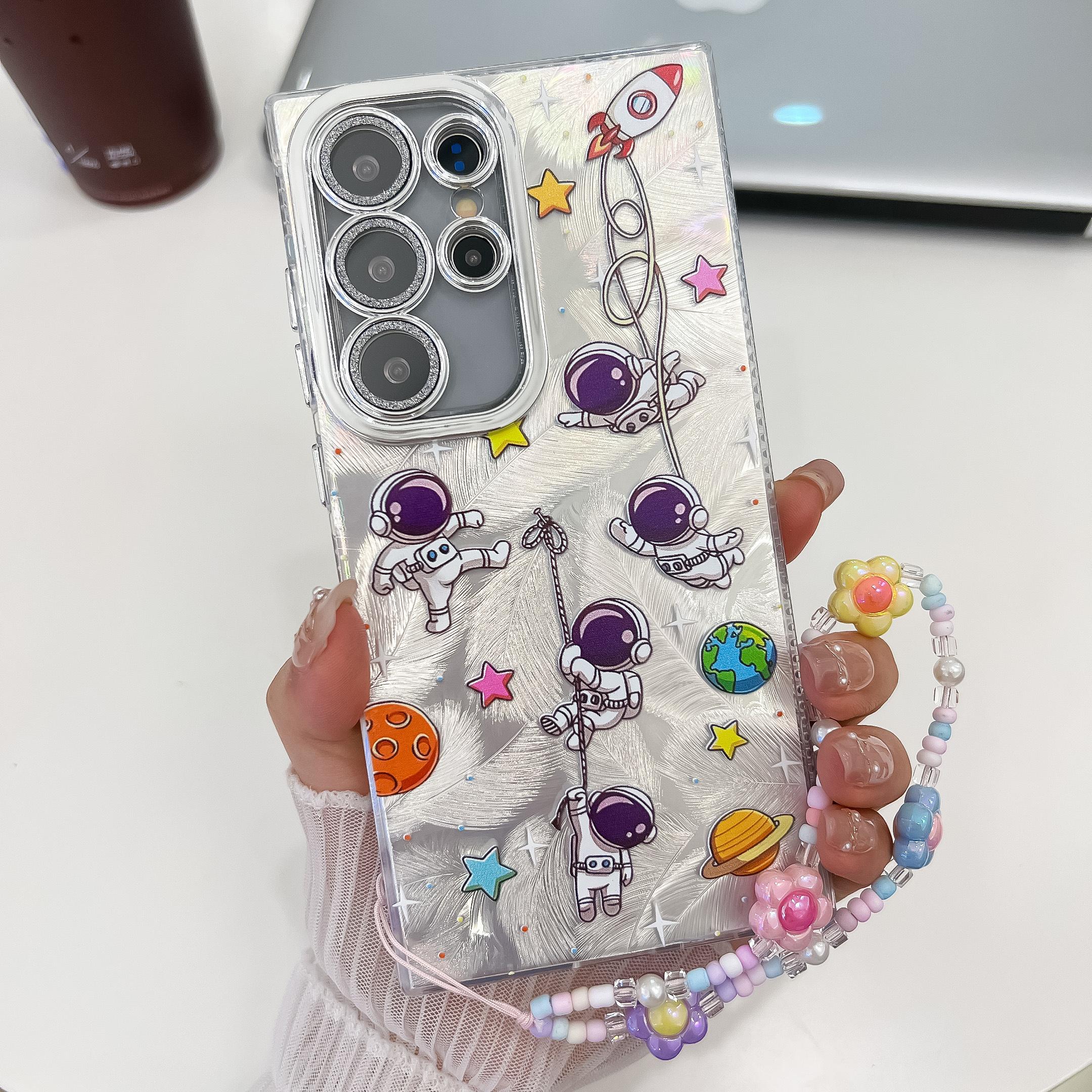 

For Samsung Galaxy S24 Ultra Case IMD Cartoon PC+TPU Back Cover with Glass Lens Film,Beaded Strap MK4