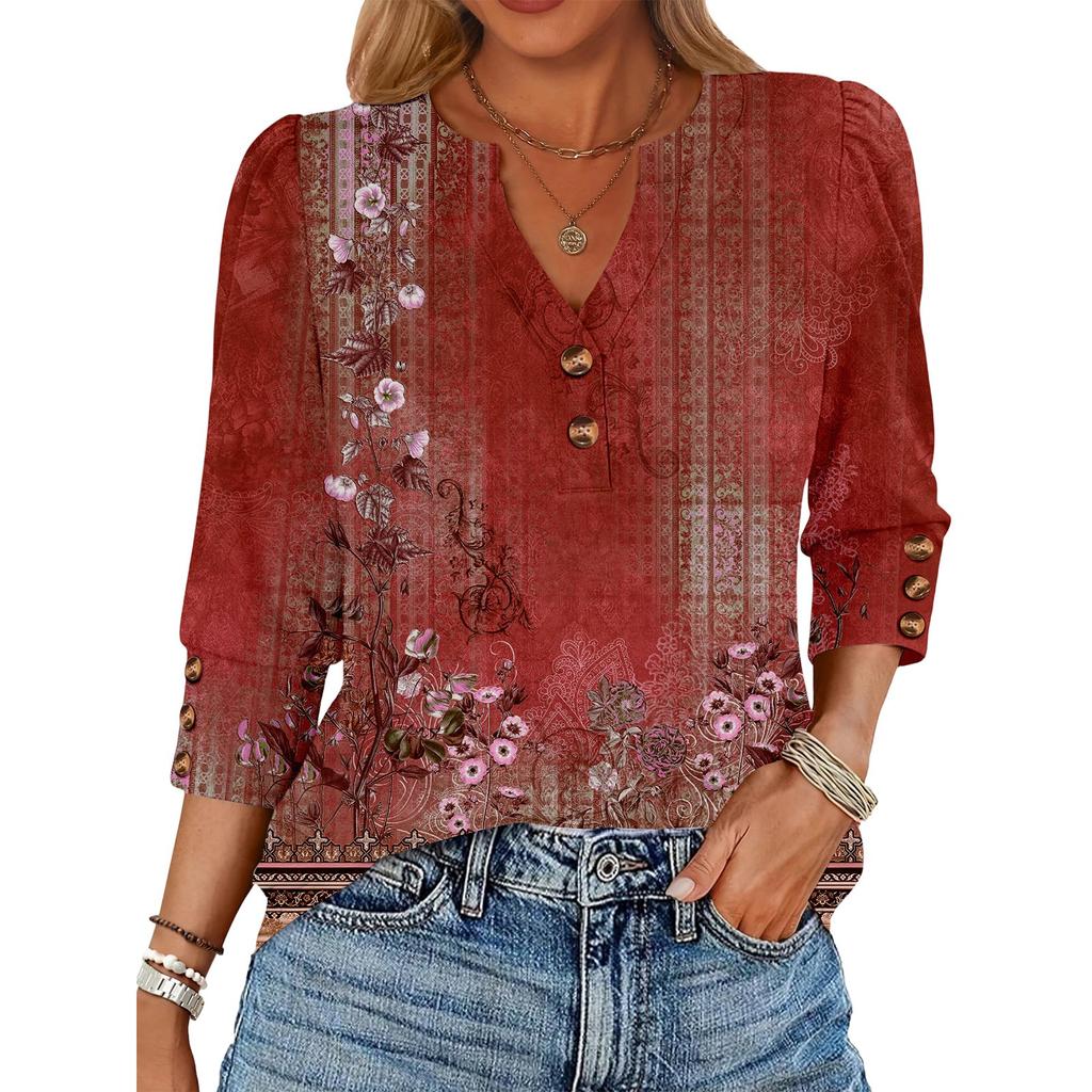 Women's Retro Printed Loose 7-inch Sleeve Top