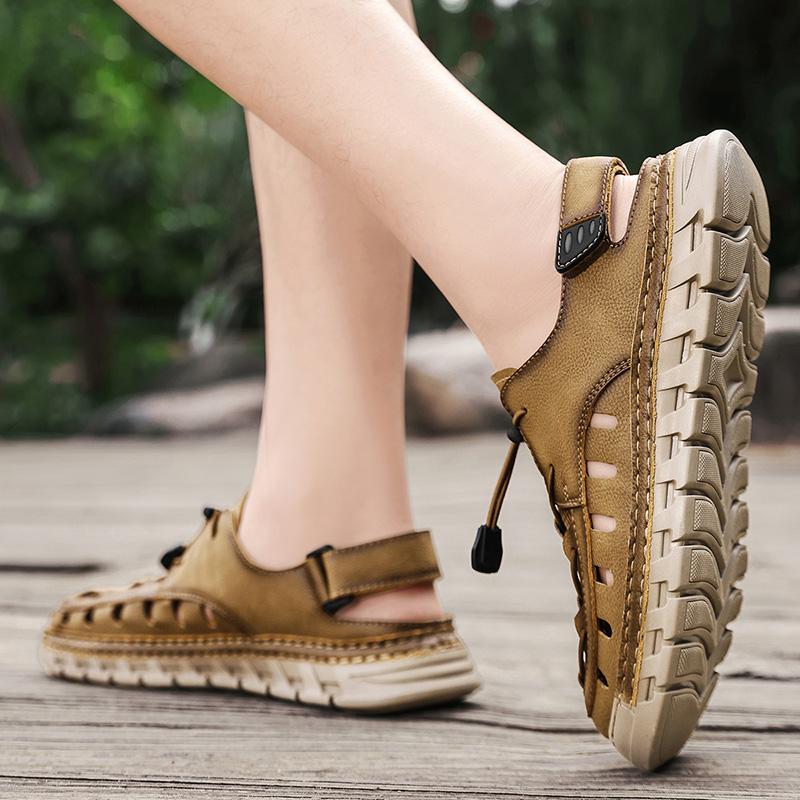 Men Sandals New Elastic Band Leather Hollow Breathable Comfortable Lightweight Summer Outdoor Beach Walking Sandals for Teen