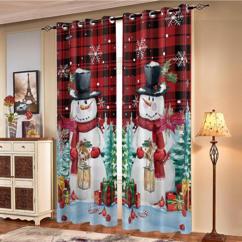 2pcs Christmas Snowman Print Blackout Curtains Multiple Sizes Living Rooms Holiday Insulation Decoration Easy Installation